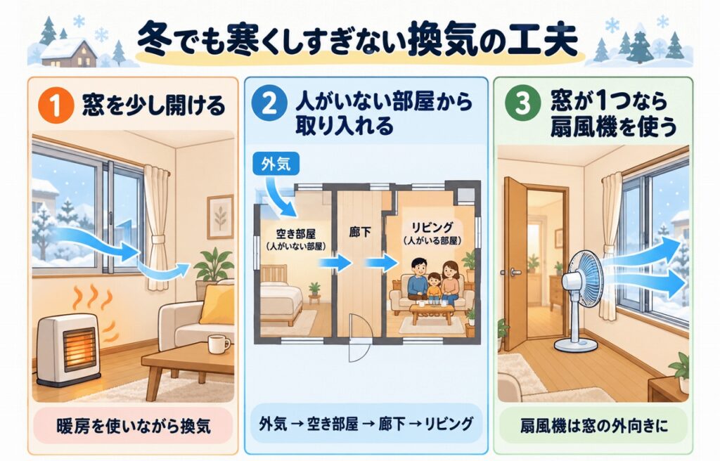 暖房中に寒くしすぎず換気する3つの方法を示した図。窓を少し開ける、人がいない部屋から外気を取り入れる、窓が1つなら扇風機を窓の外向きに使う方法