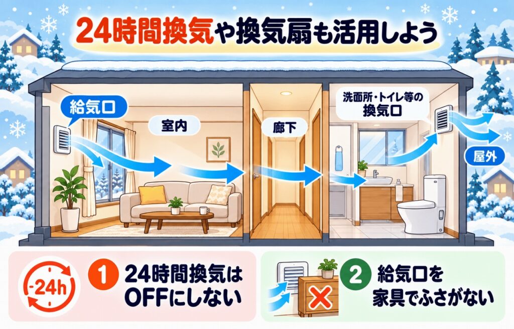 24時間換気で給気口から入った空気が室内と廊下を通り、洗面所やトイレの換気口から屋外へ出る流れ