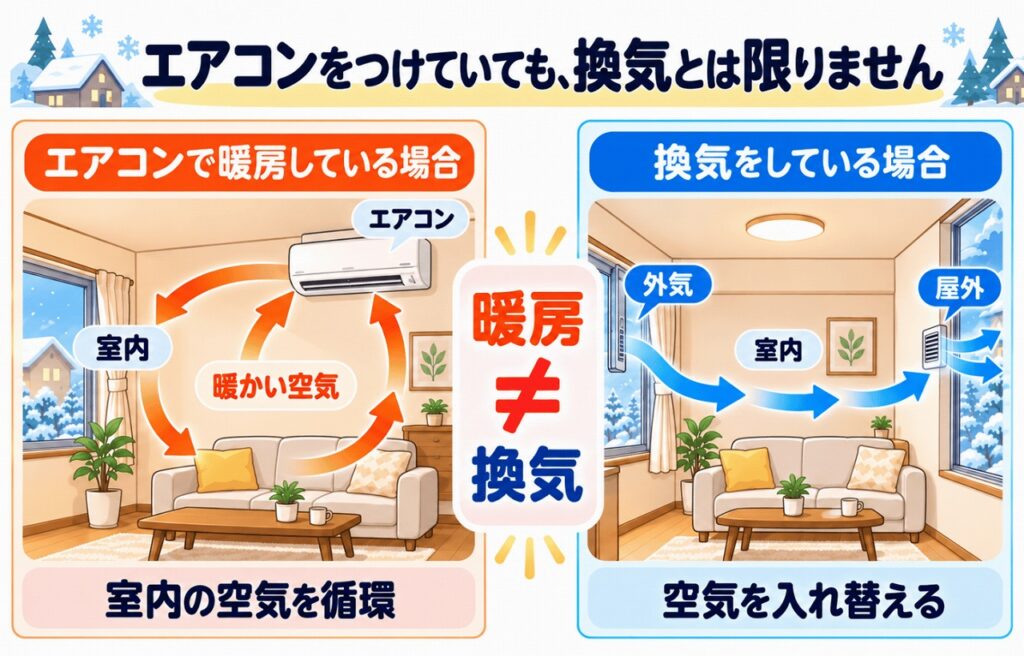 エアコン暖房による室内空気の循環と、外気を取り入れて屋外へ排出する換気の違いを比較した図