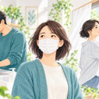 手洗い、マスクの着用、窓を開けた換気を行う人々