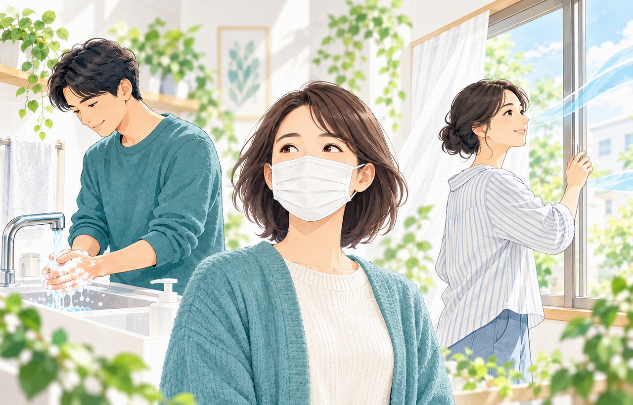 手洗い、マスクの着用、窓を開けた換気を行う人々