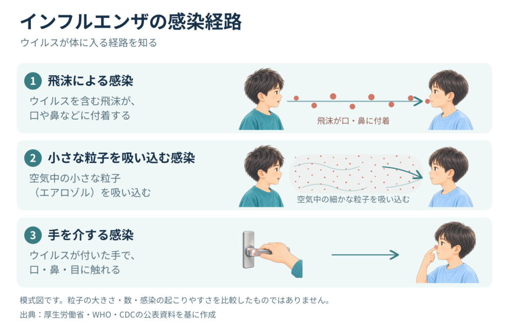 インフルエンザの感染経路を示す図。飛沫の口や鼻への付着、空気中の細かな粒子の吸入、ドアノブなどを介して手についたウイルスが口・鼻・目に触れる経路